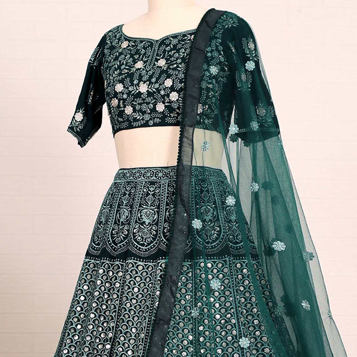 Bottle Green Sequins Embroidered Georgette Lehenga Choli