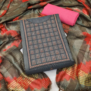 Grey Embroidered Cotton Blend Dress Material