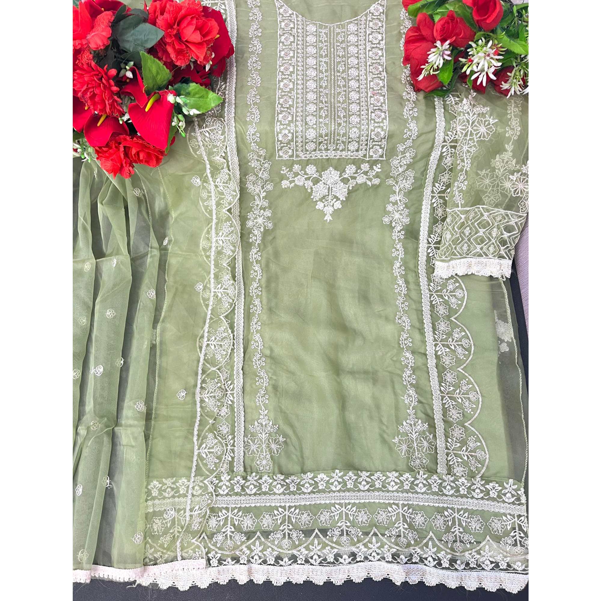 Green Floral Embroidered Organza Pakistani Suit