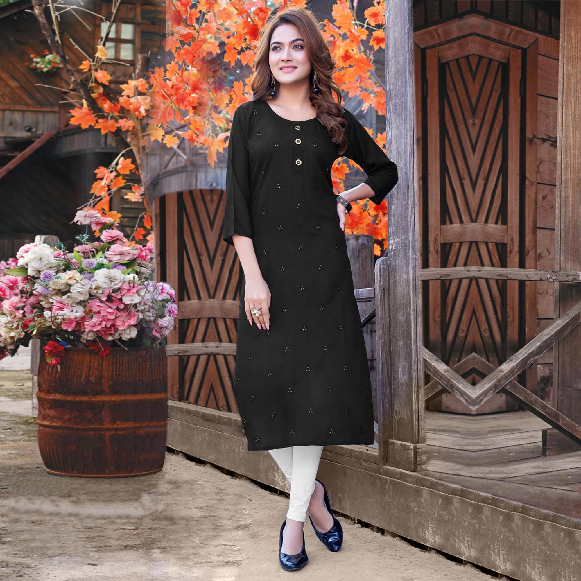 Black Sequins Embroidered Rayon Kurti