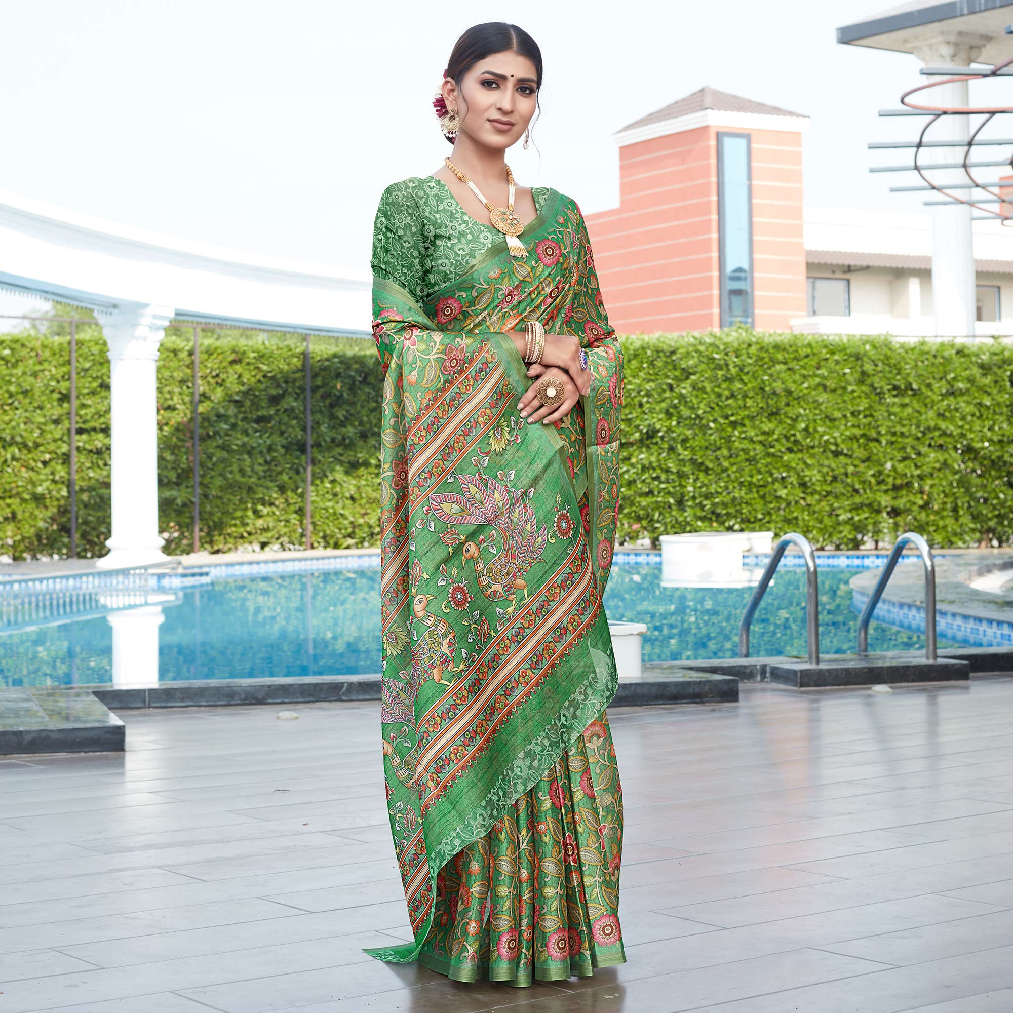 Green Floral Digital Printed Cotton Silk Saree