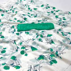 White Green Floral Printed Georgette Saree