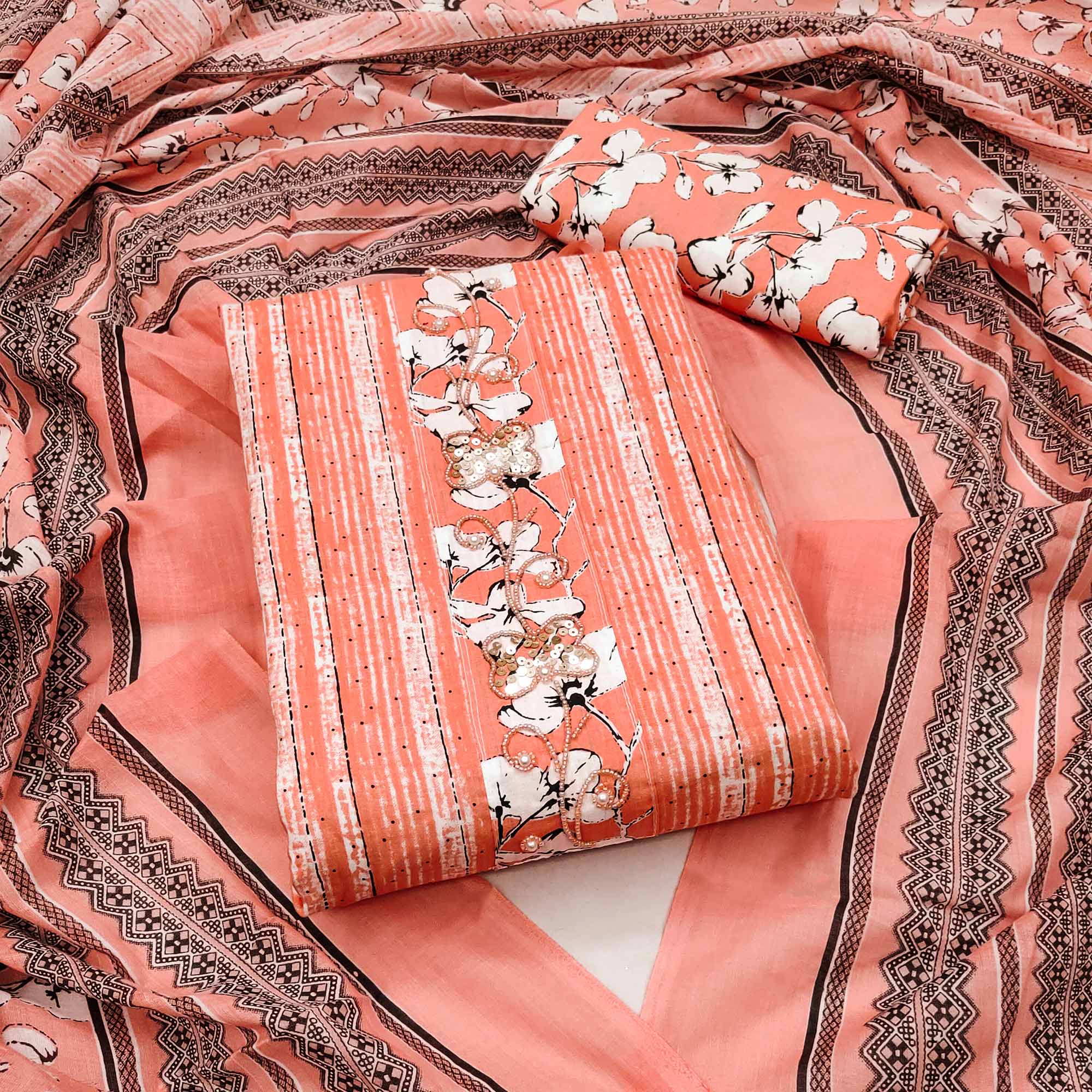 Peach Printed Cotton Dress Material