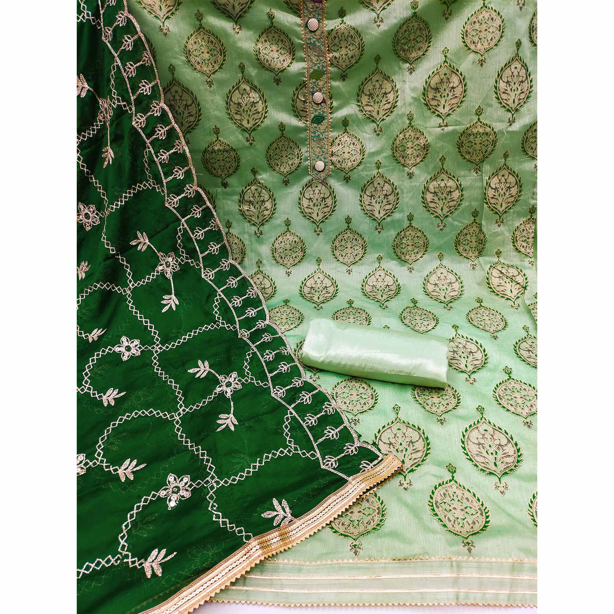 Green Embroidered Chanderi Dress Material