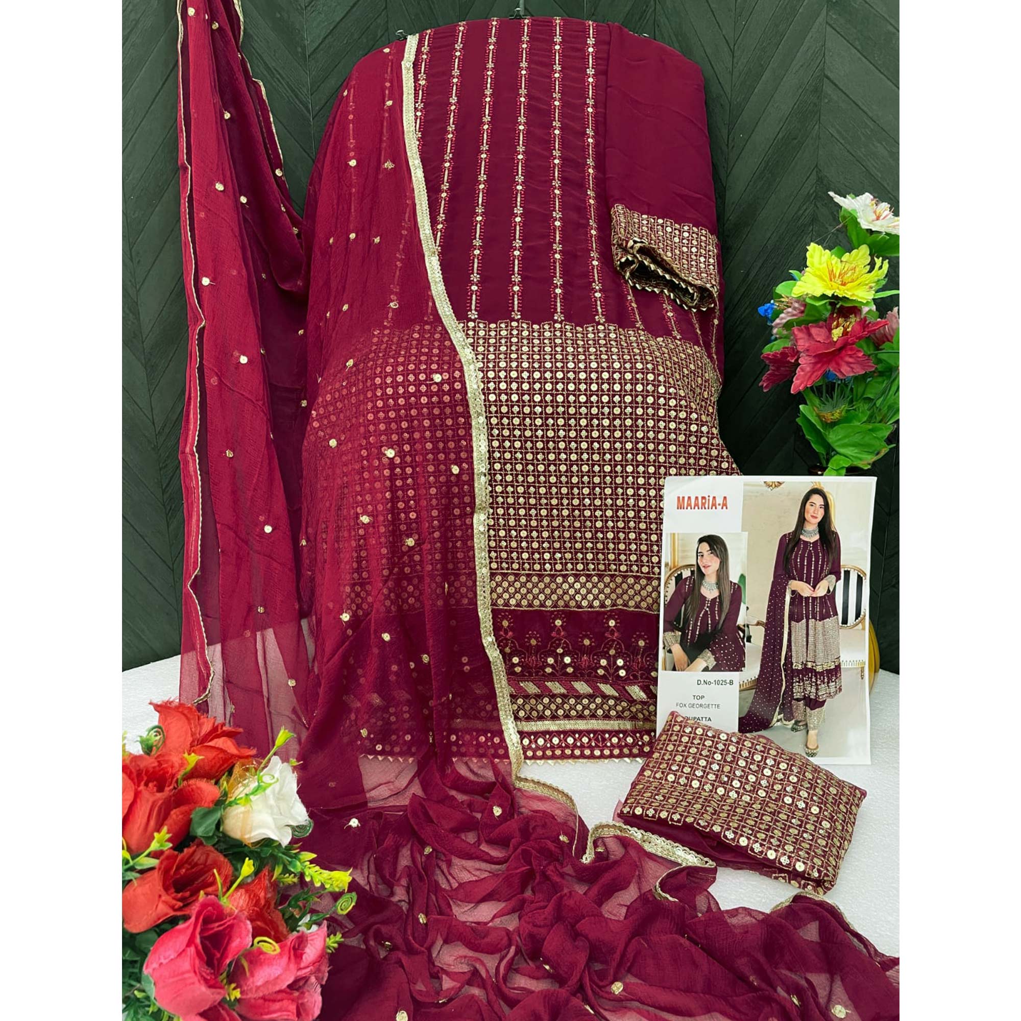 Maroon Sequins Embroidered Georgette Pakistani Suit