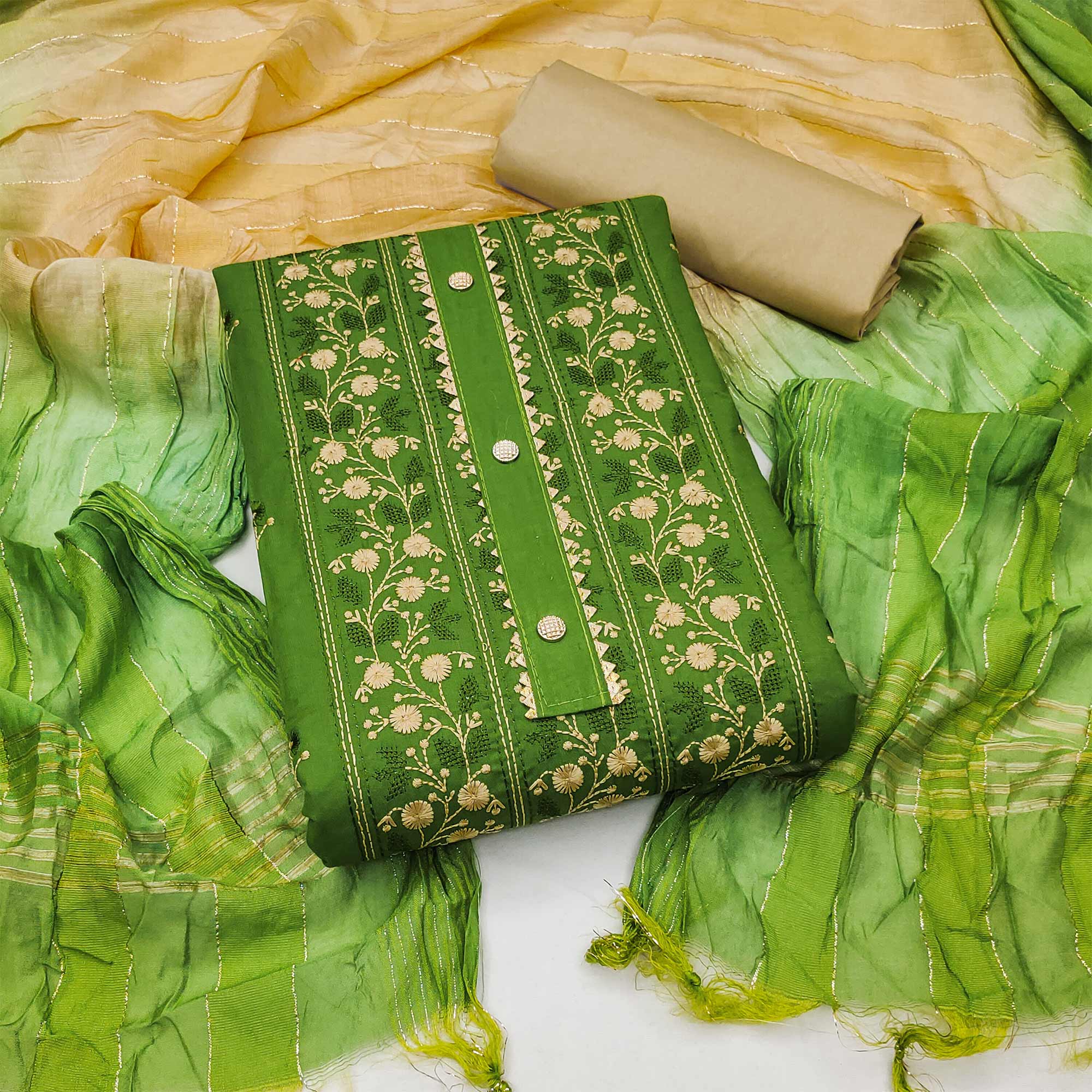 Green Floral Embroidered Cotton Blend Dress Material