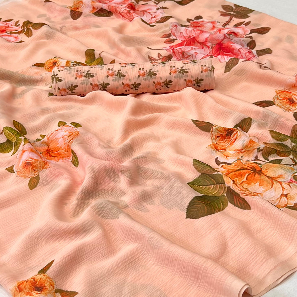 Peach Floral Digital Printed Georgette Saree