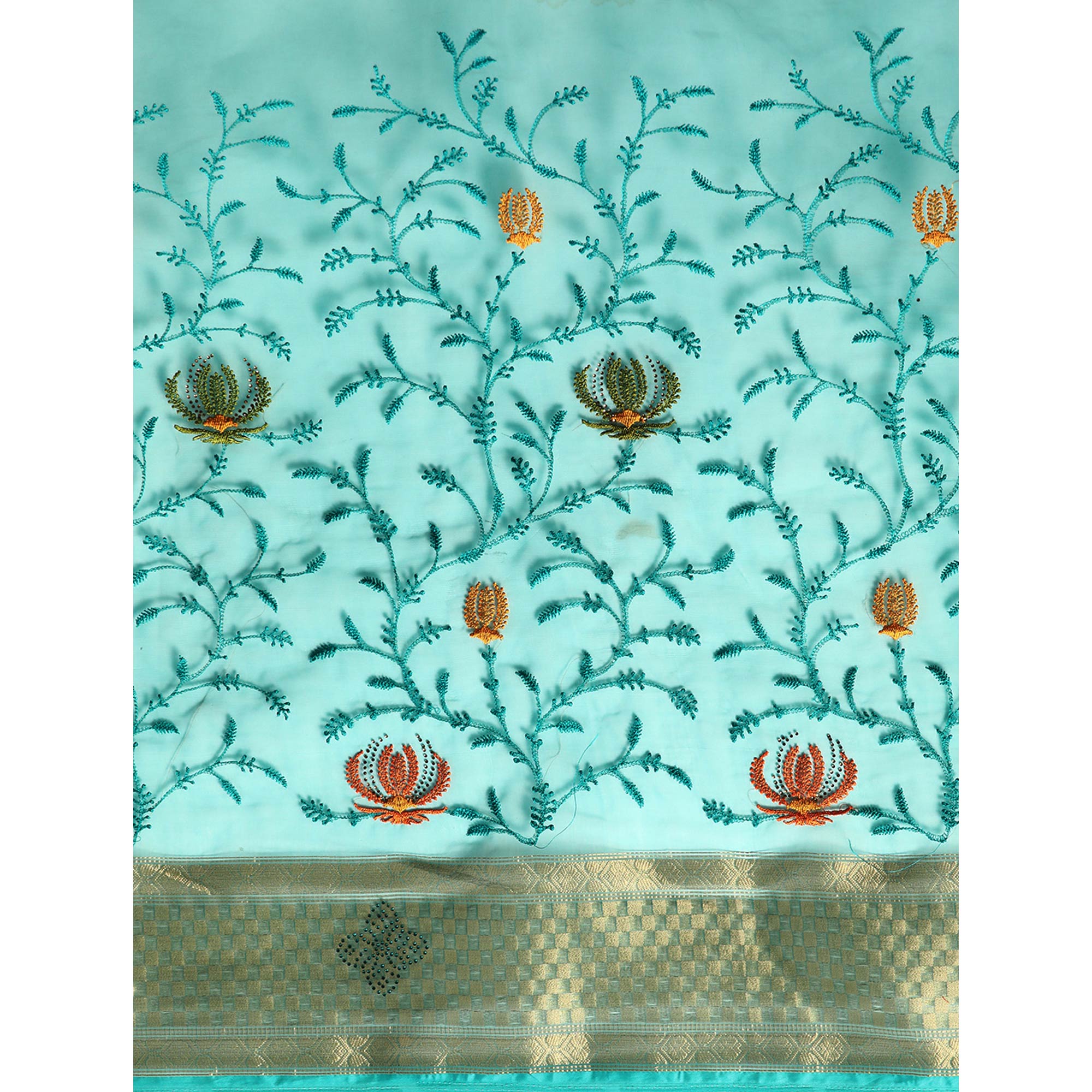Turquoise Floral Embroidered Organza Saree