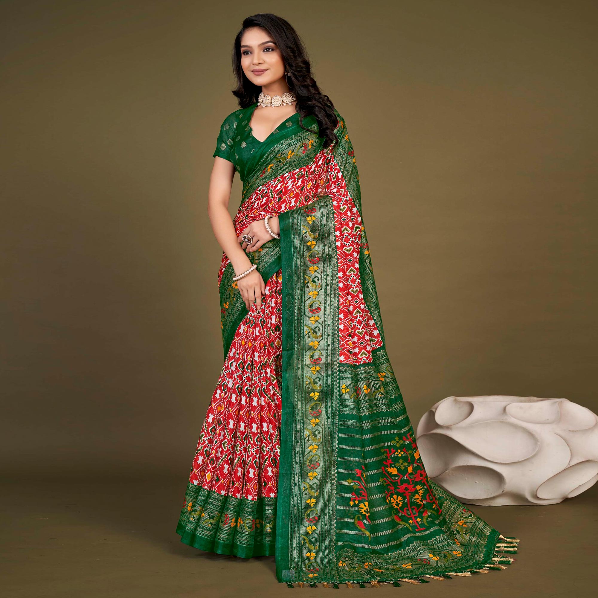 Red Printed Jute Patola Saree With Tassels