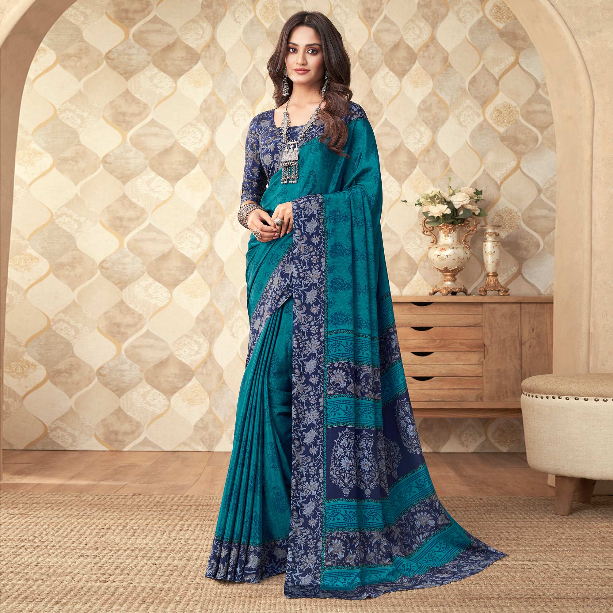 Teal Blue Printed Crepe Saree