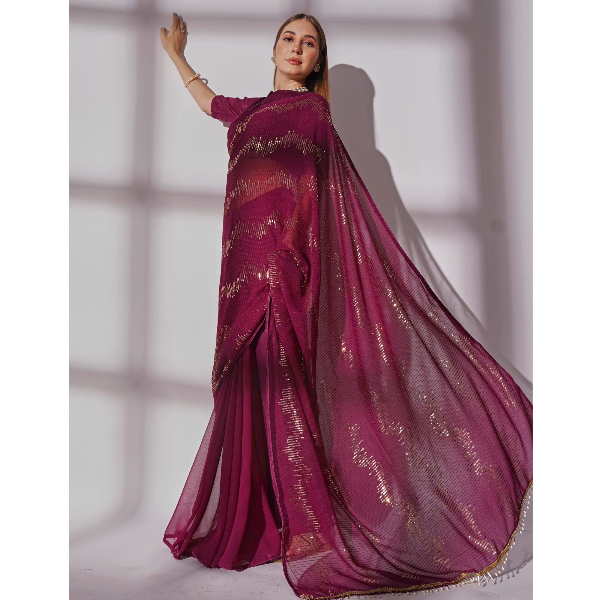 Wine Sequins Embroidered Georgette Saree