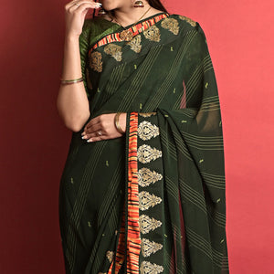 Bottle Green Printed Georgette Saree