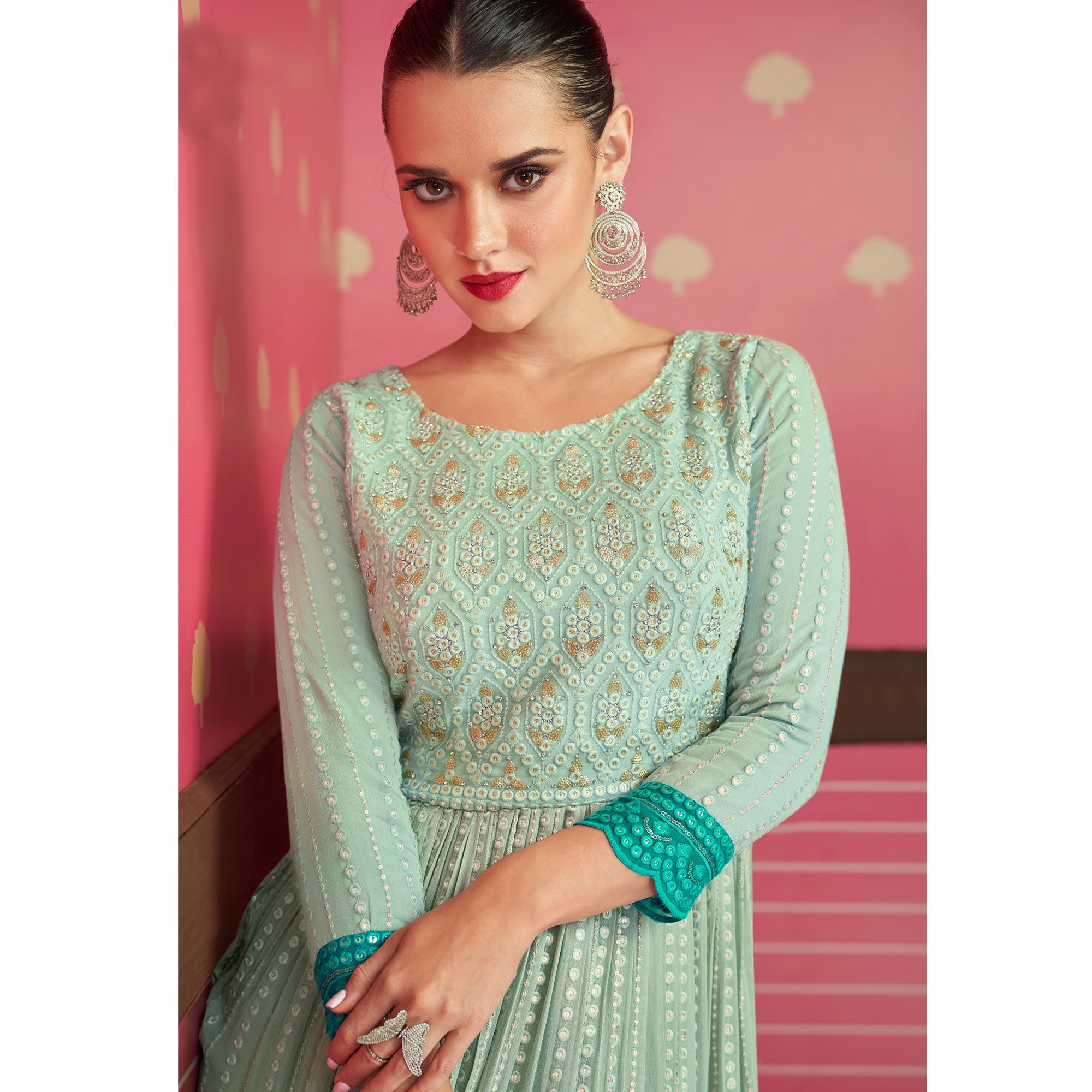 Light Green Sequins Embroidered Georgette Naira Cut Sharara Suit