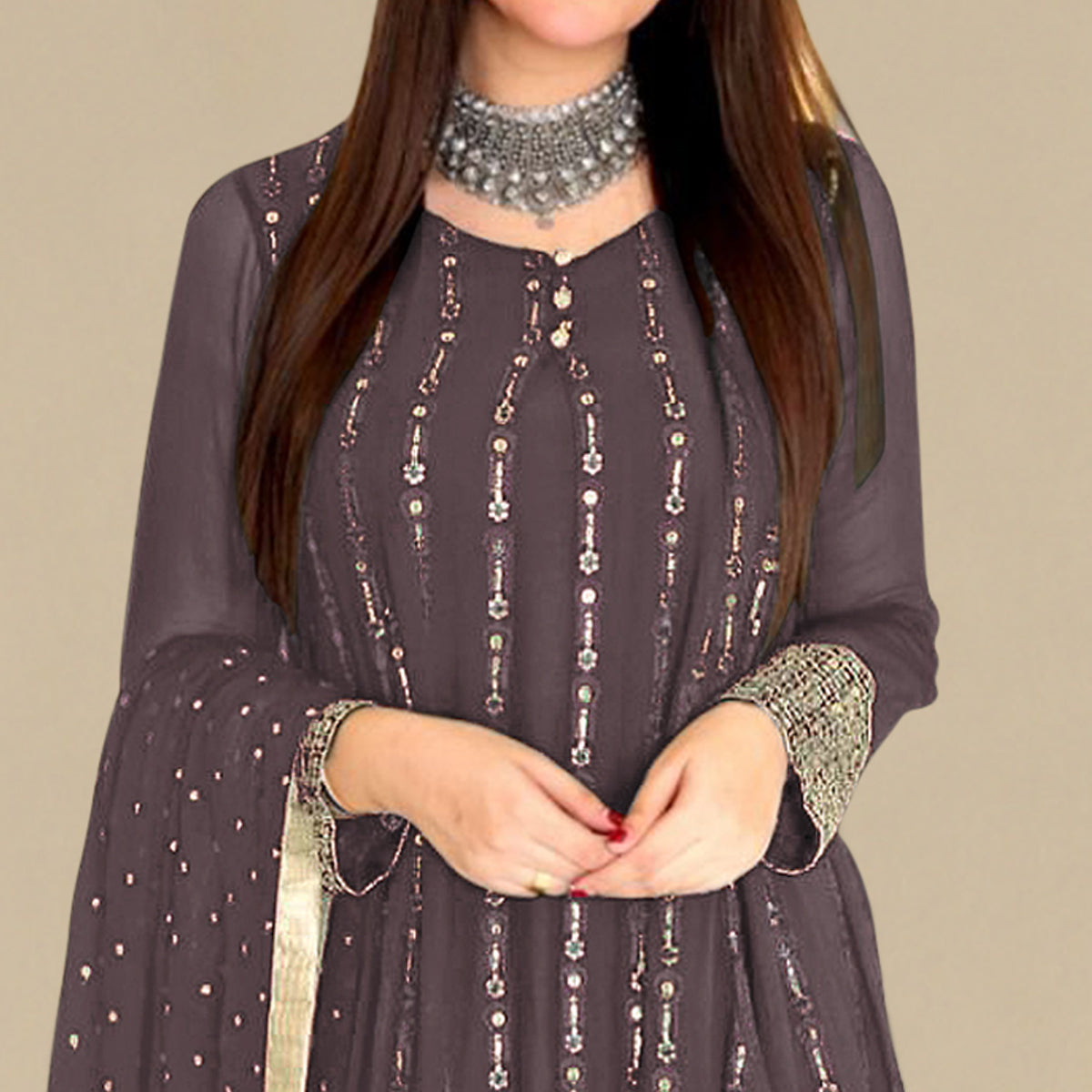Brown Sequins Embroidered Georgette Pakistani Suit
