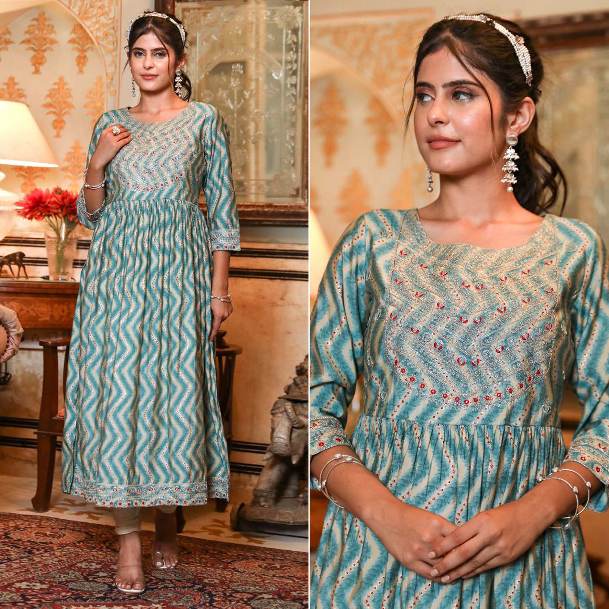 Blue Printed With Embroidered Muslin Naira Cut Kurti
