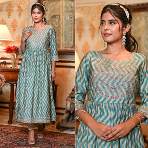 Blue Printed With Embroidered Muslin Naira Cut Kurti