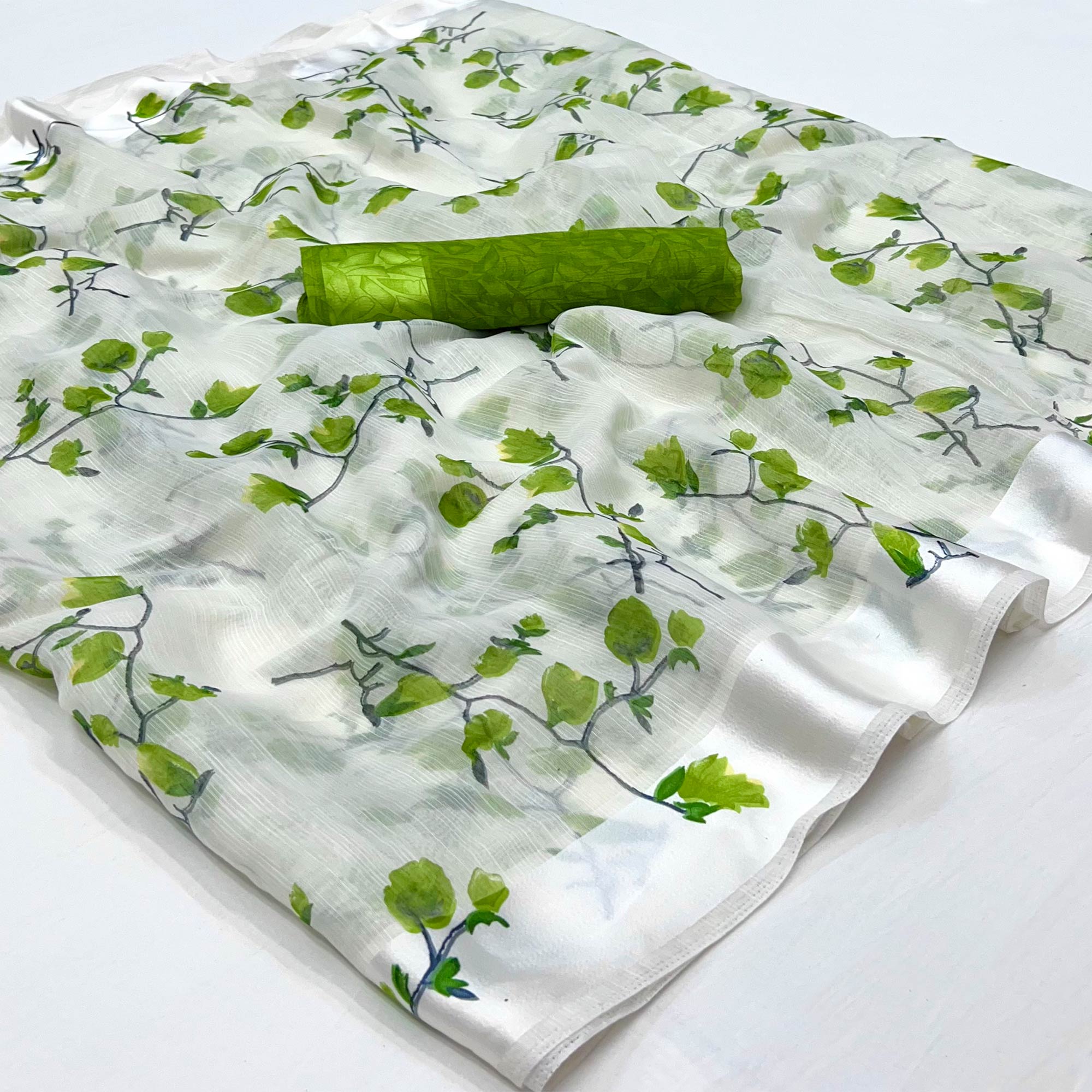 White Green Floral Printed Linen Saree