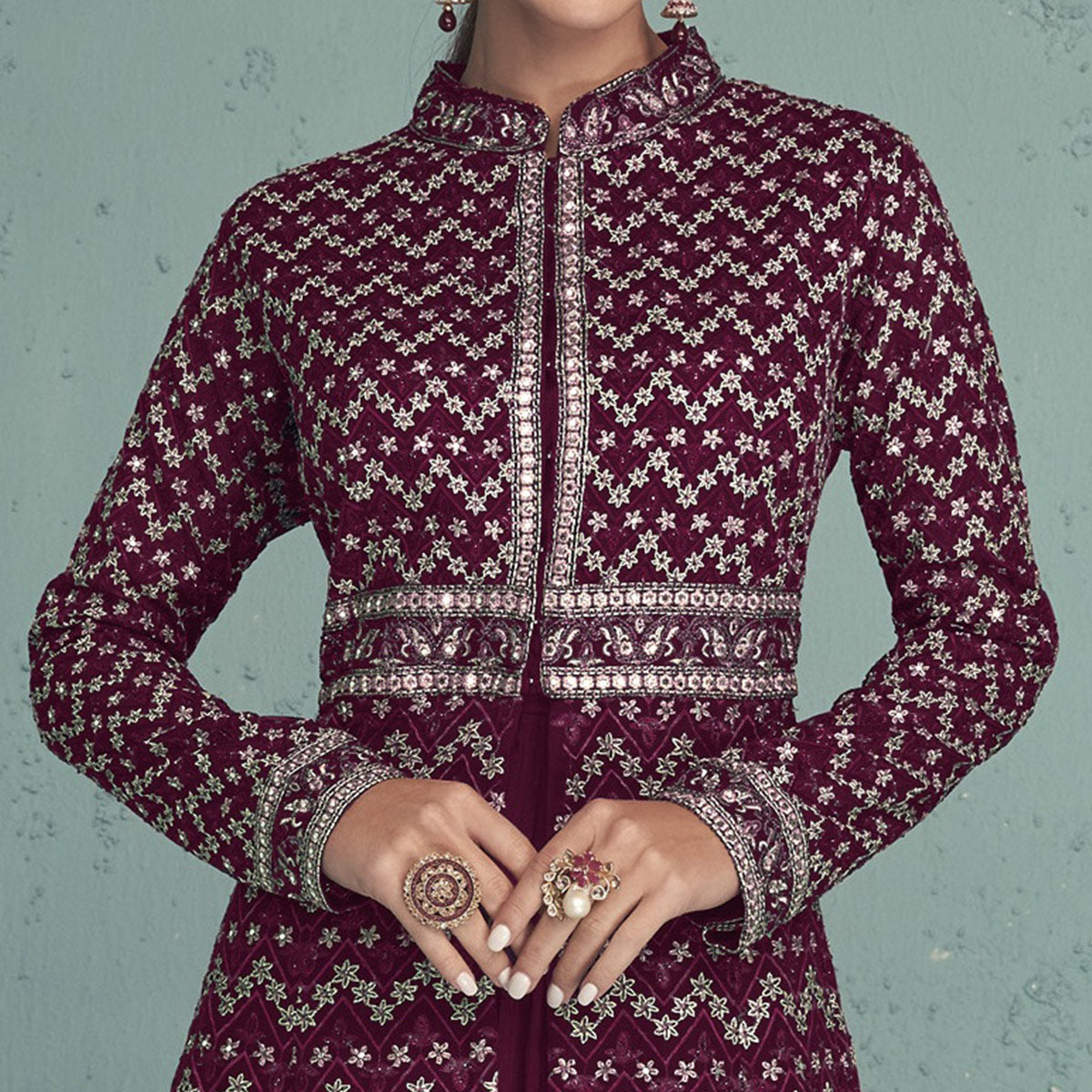 Maroon Floral Embroidered Georgette Front Slit Suit