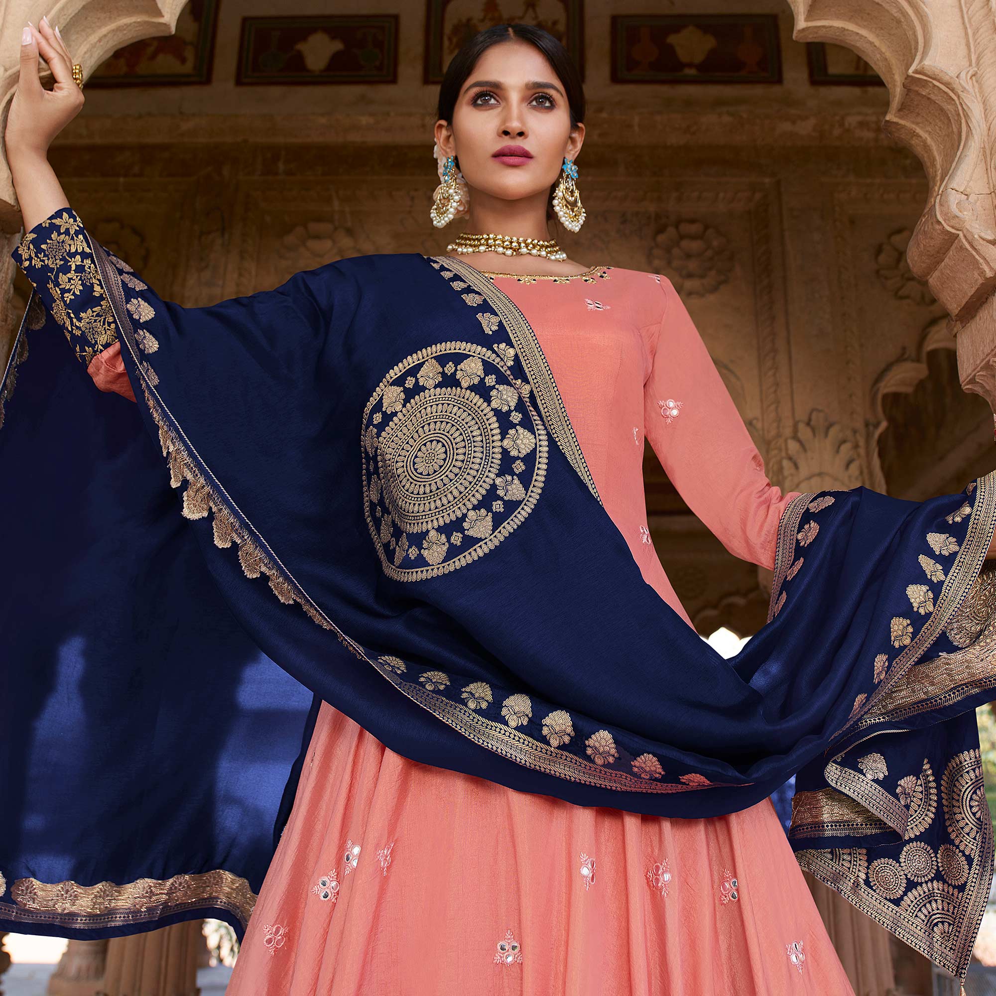 Peach Embroidered With Handwork Dola Silk Gown