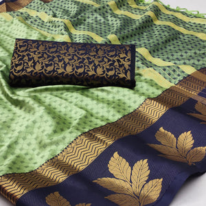 Pista Green Woven Cotton Silk Saree With Tassels