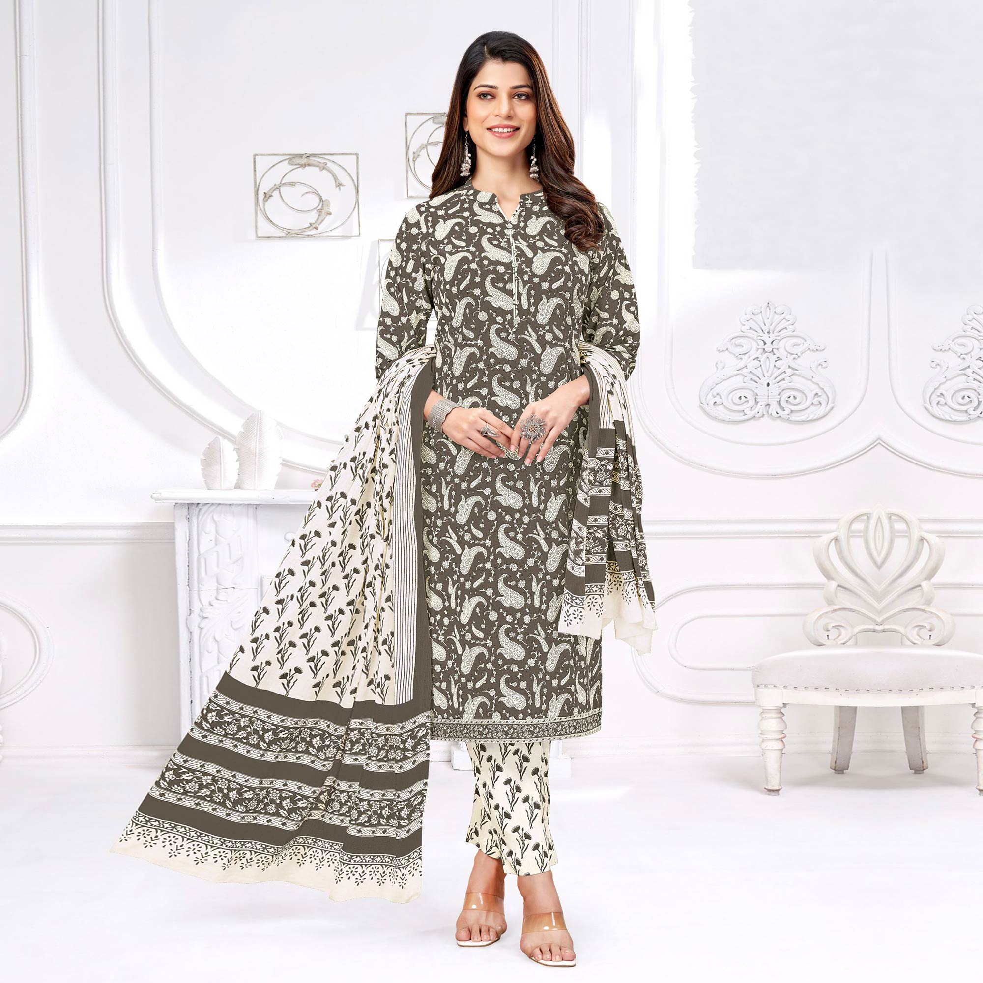 Dark Grey Printed Pure Cotton Suit