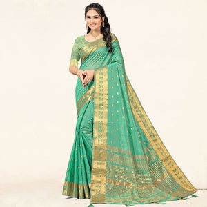 Sea Green Woven Assam Silk Saree With Tassels