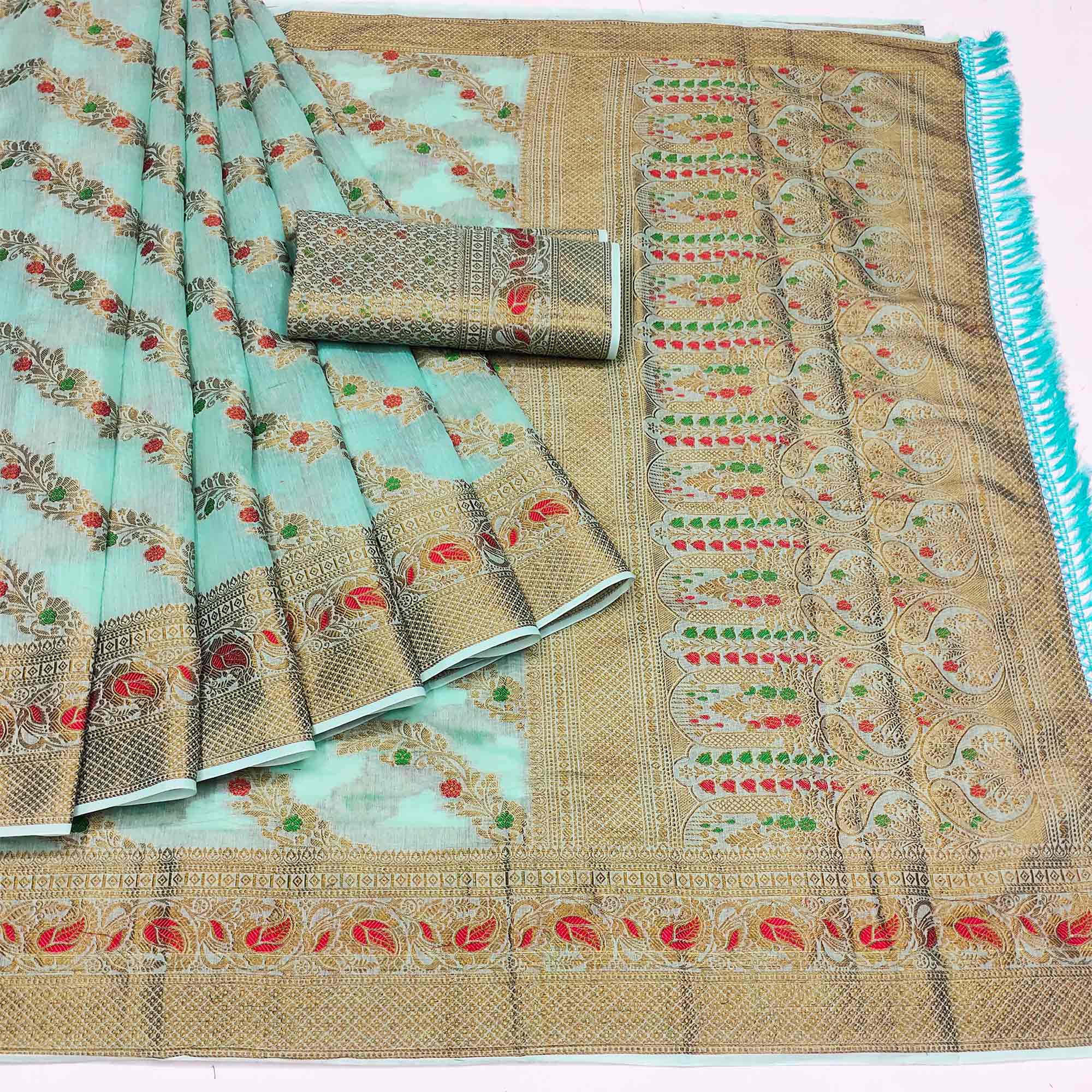 Blue Woven Cotton Blend Saree With Tassels
