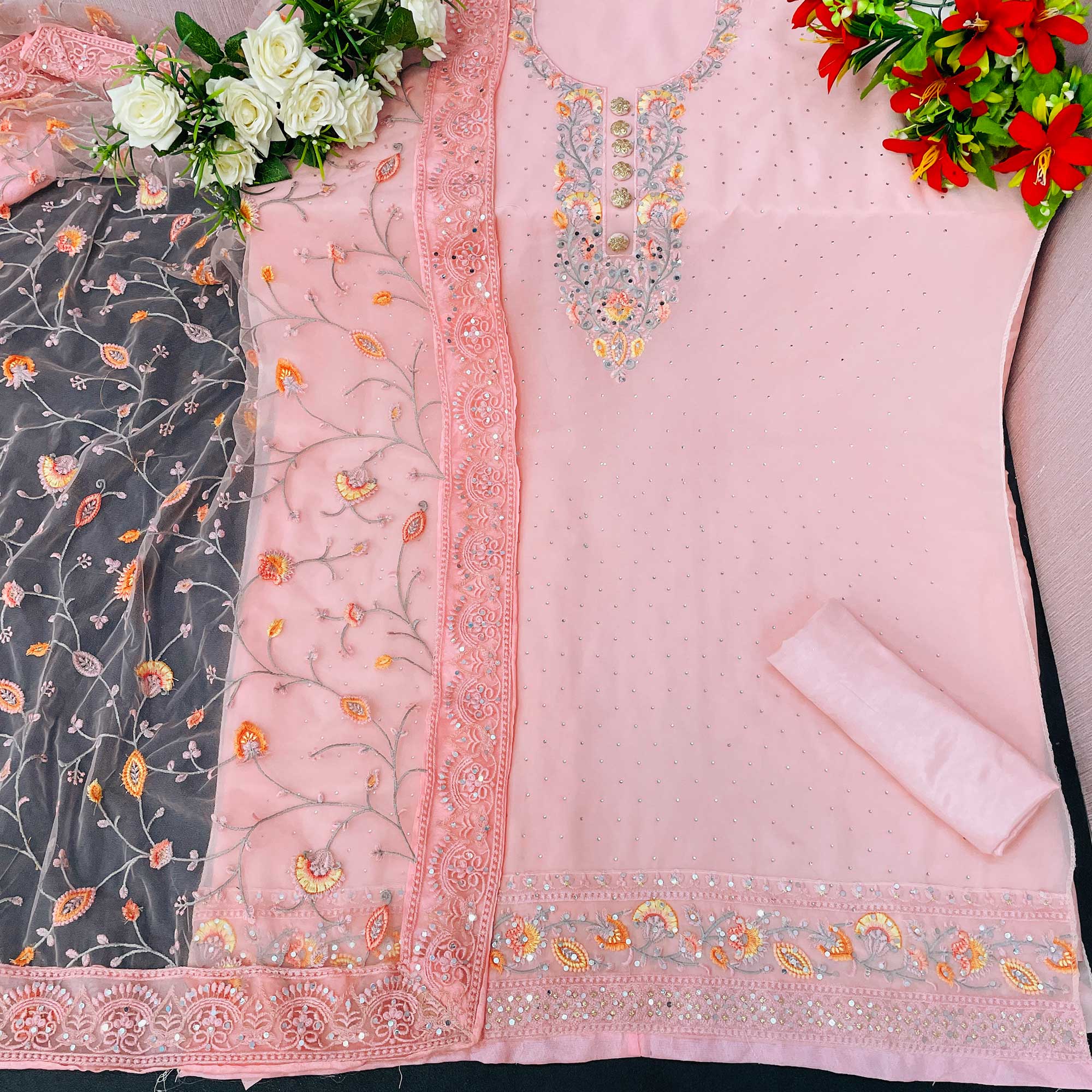 Pink Floral Embroidered Georgette Salwar Suit