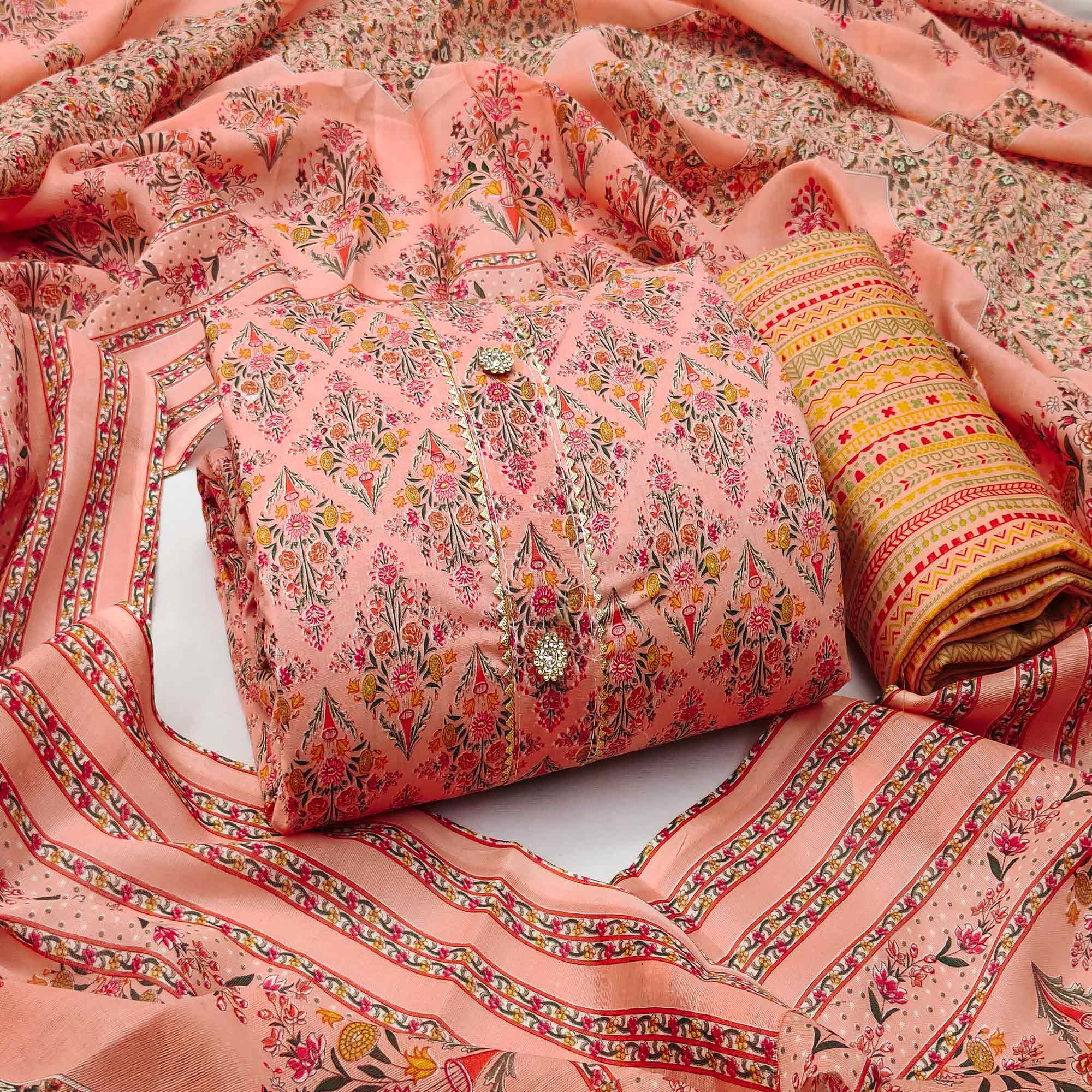 Peach Floral Printed Cotton Blend Dress Material