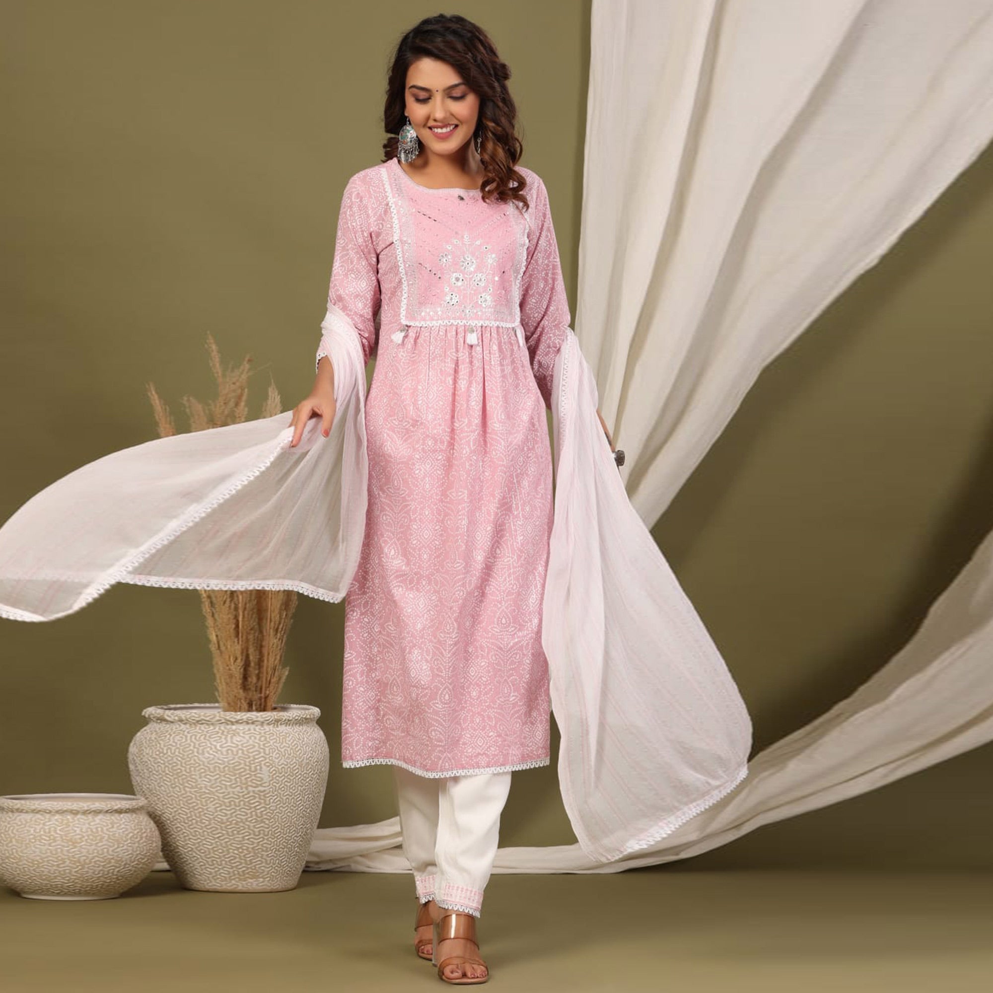 Pink Printed With Embroidered Pure Cotton Naira Cut Suit