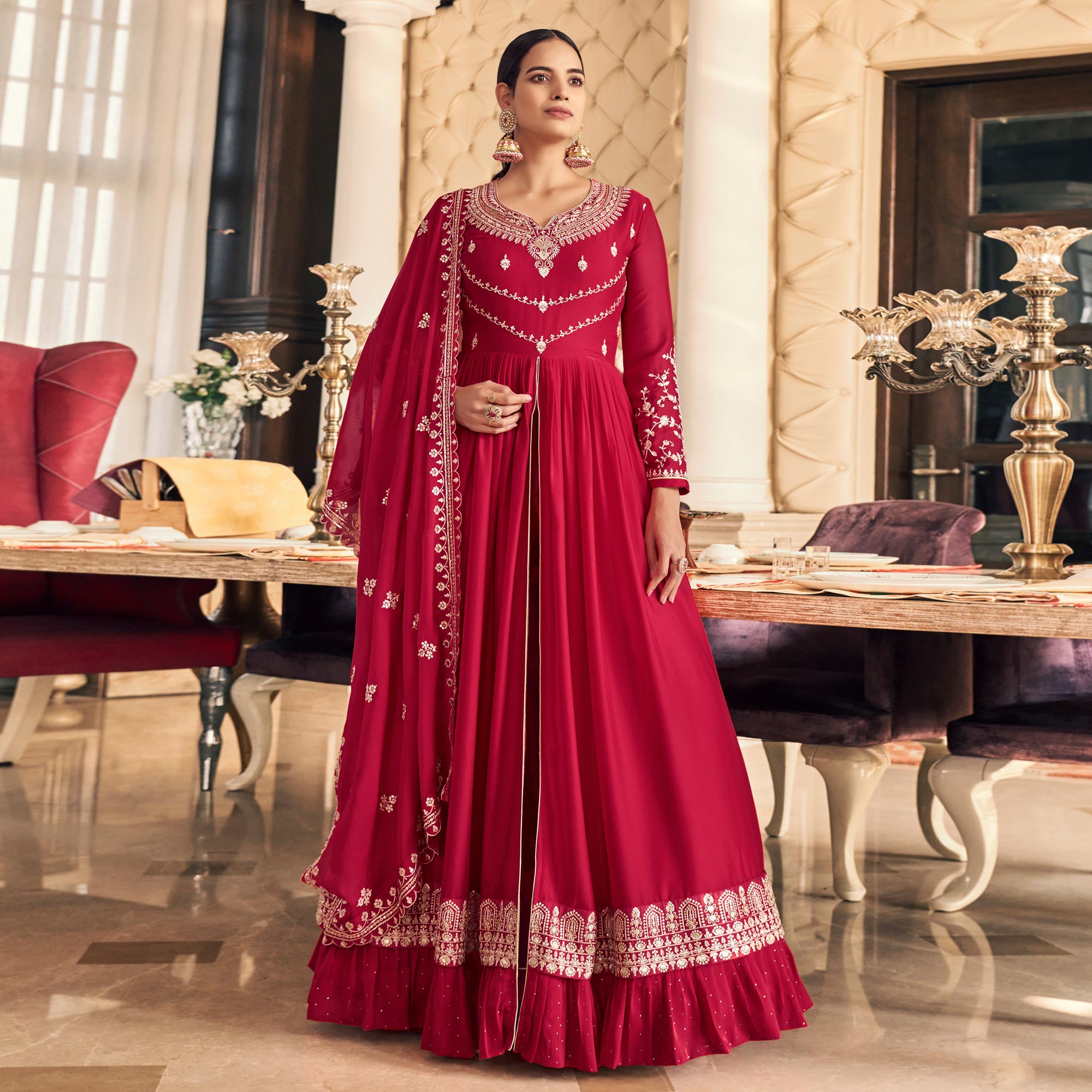 Rose Pink Embroidered Georgette Gown