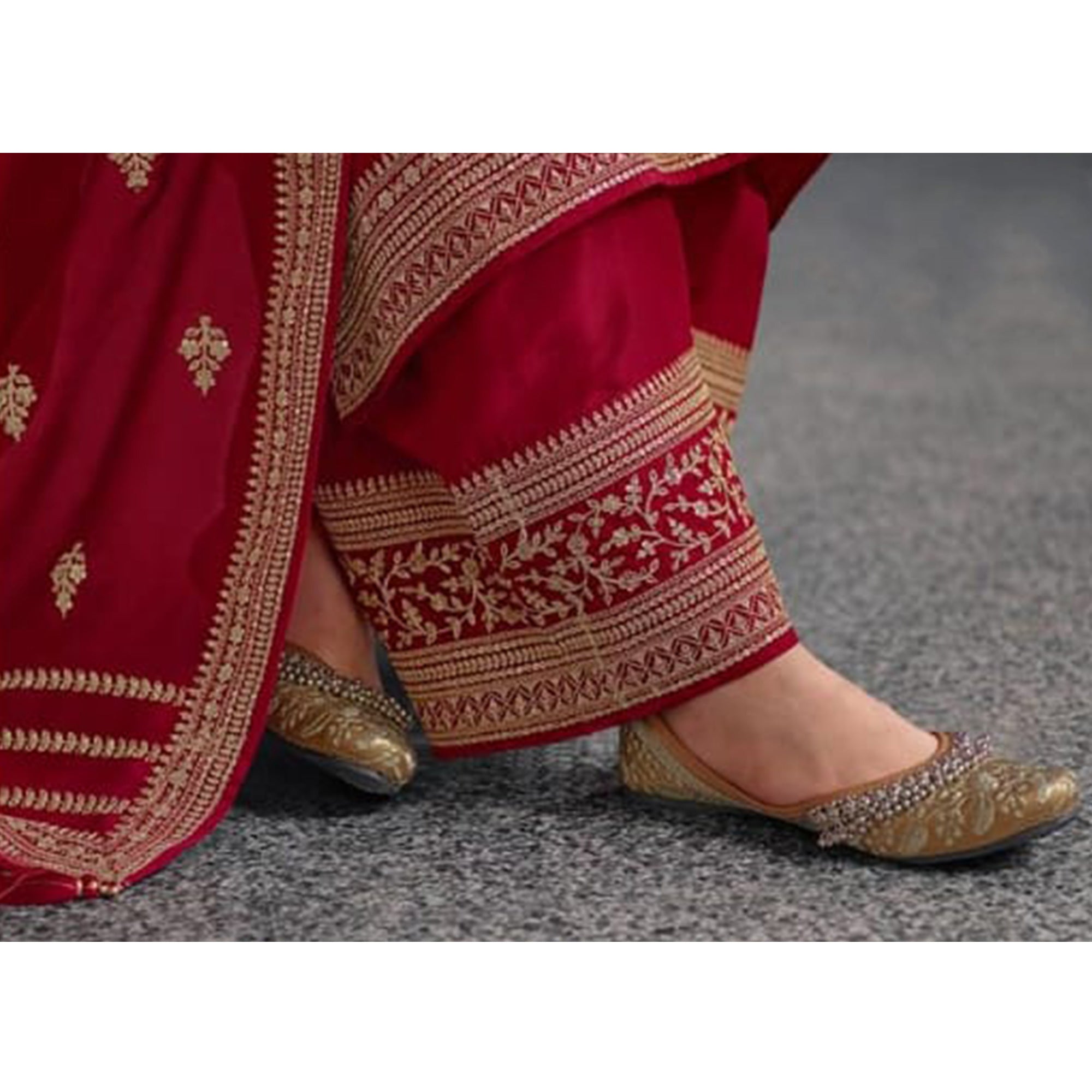 Red Woven With Sequins Embroidered Dola Silk Palazzo Suit