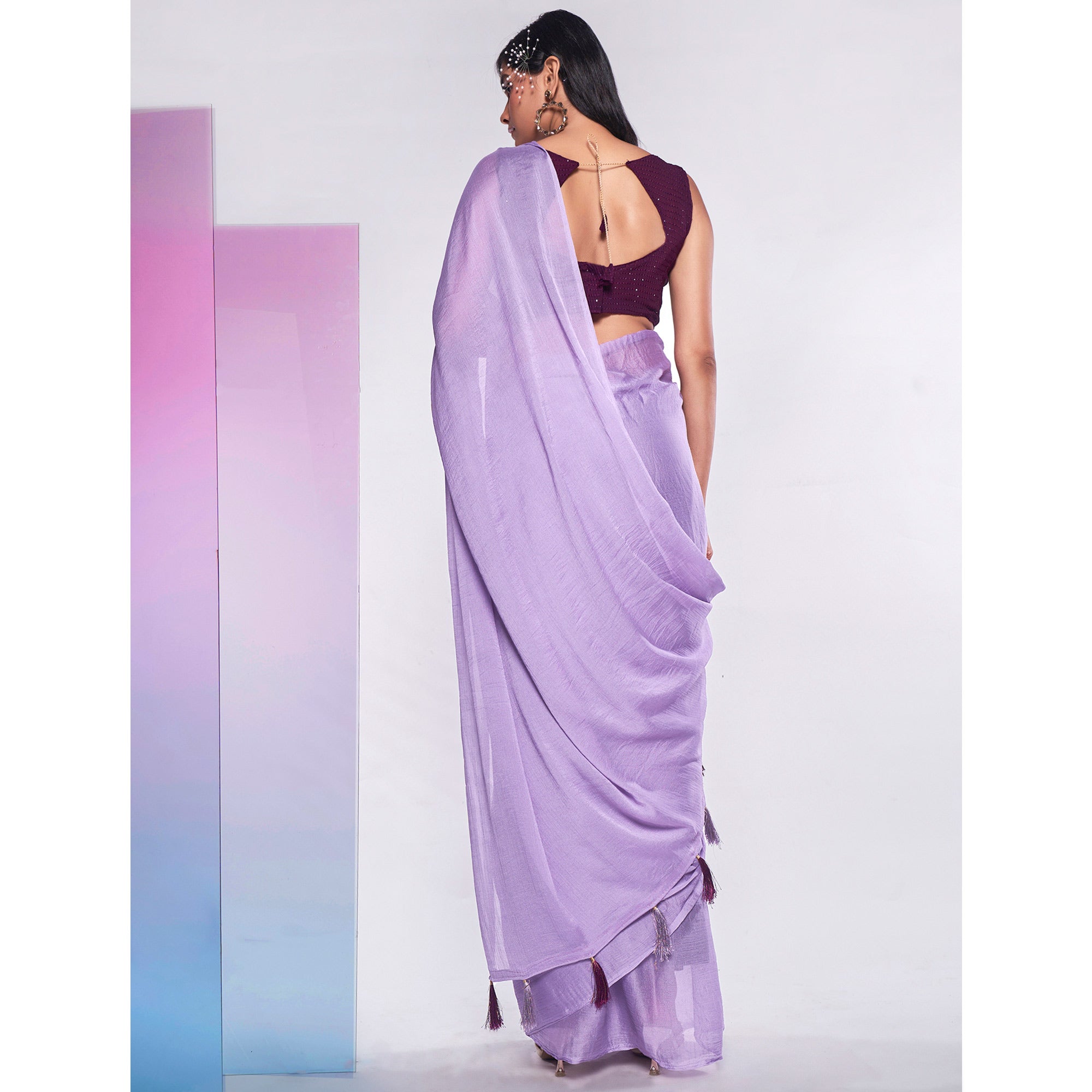 Purple Solid Georgette Saree With Tassels
