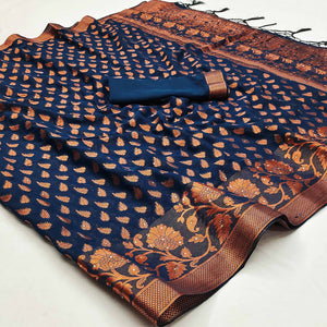 Navy Blue Floral Woven Chiffon Saree