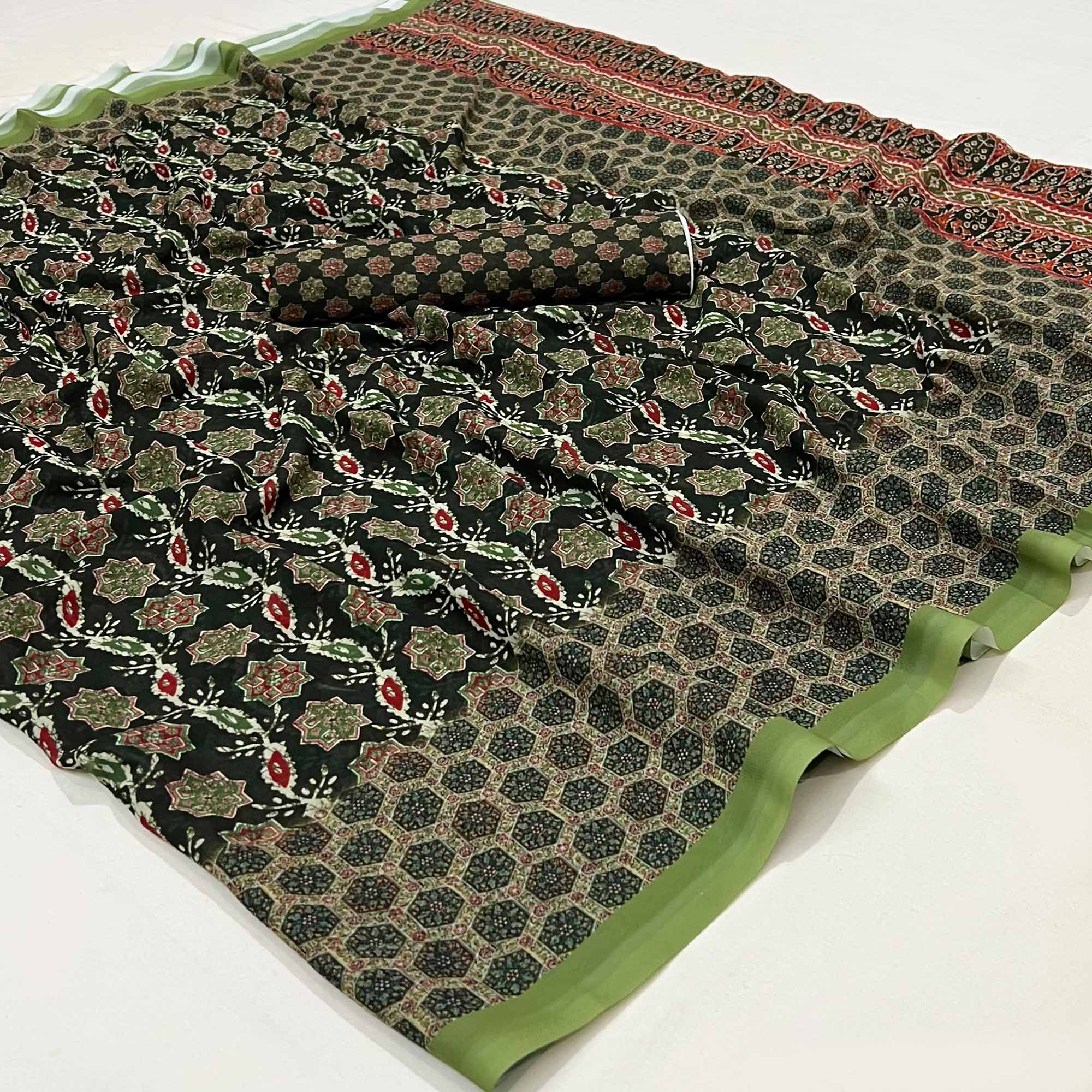 Green Floral Digital Printed Georgette Saree