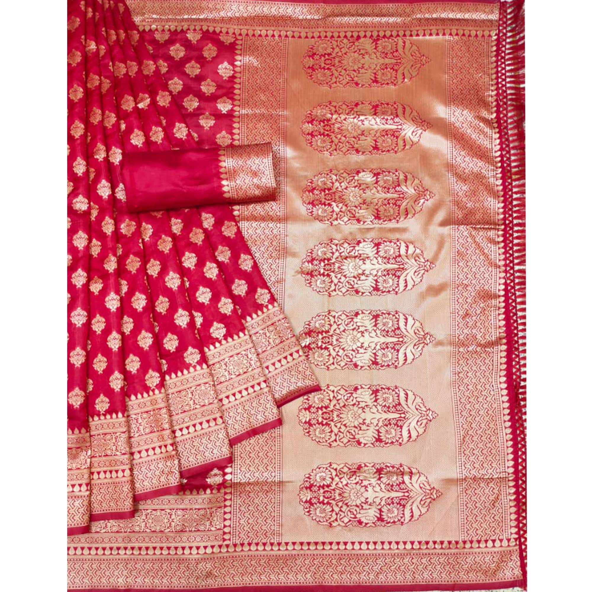 Red Woven Jacquard Saree With Tassels