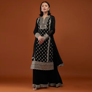 Black Sequins Embroidered Georgette Semi Stitched Palazzo Suit