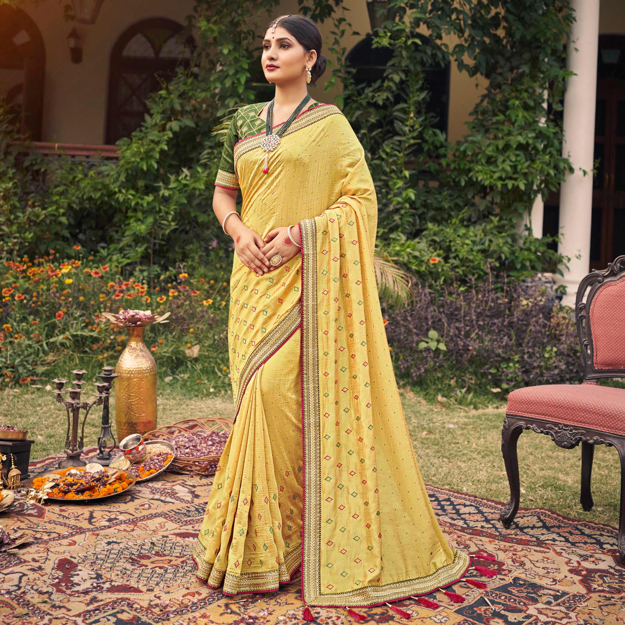 Yellow Embroidered With Stone Work Vichitra Silk Saree