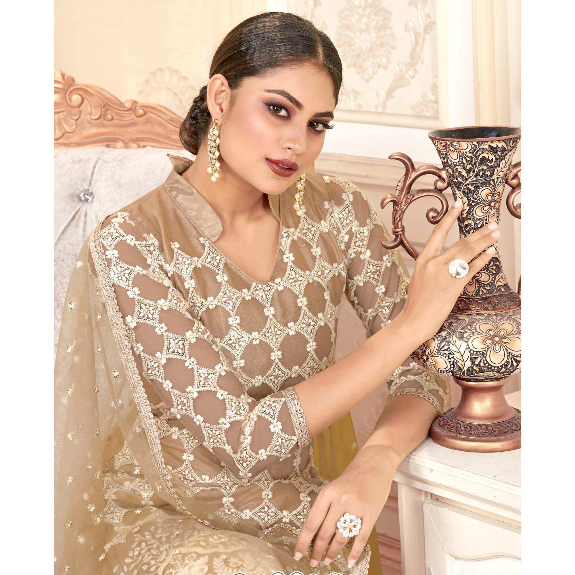 Brown Sequins Embroidered Net Semi Stitched Suit