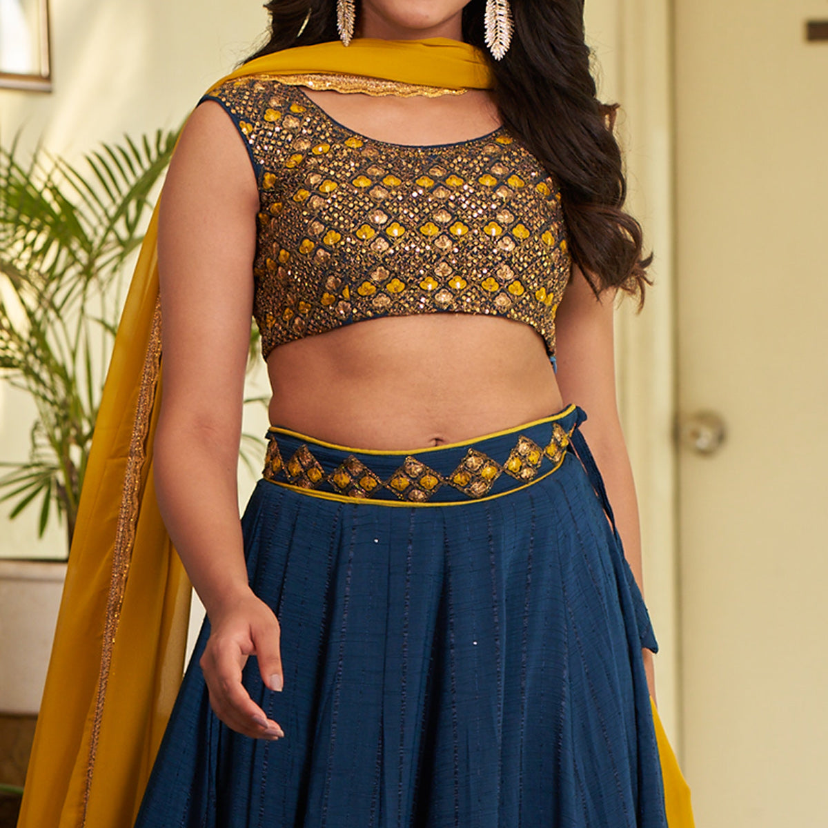 Blue Sequins Embroidered Chanderi Lehenga Choli
