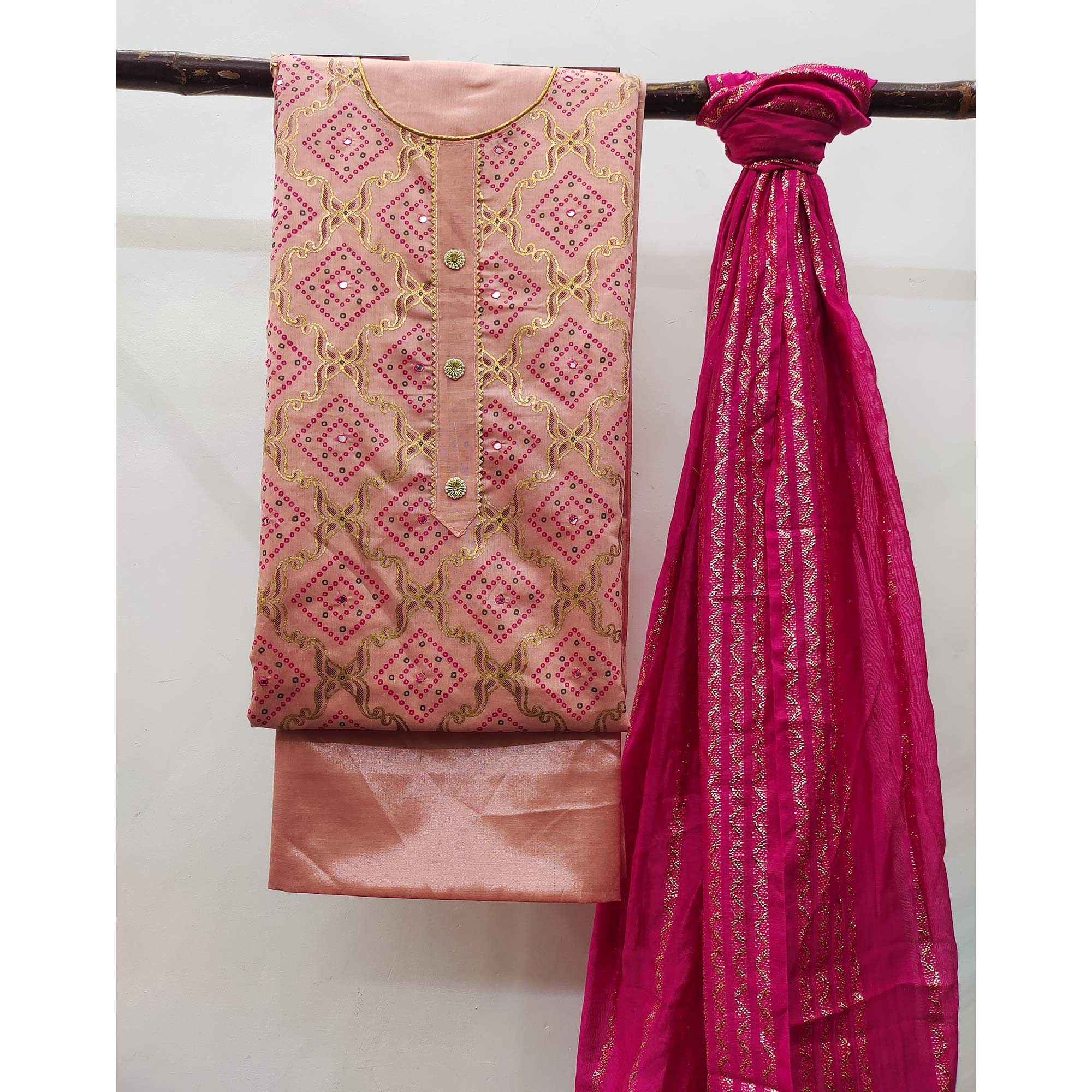 Pink Embroidered Chanderi Dress Material