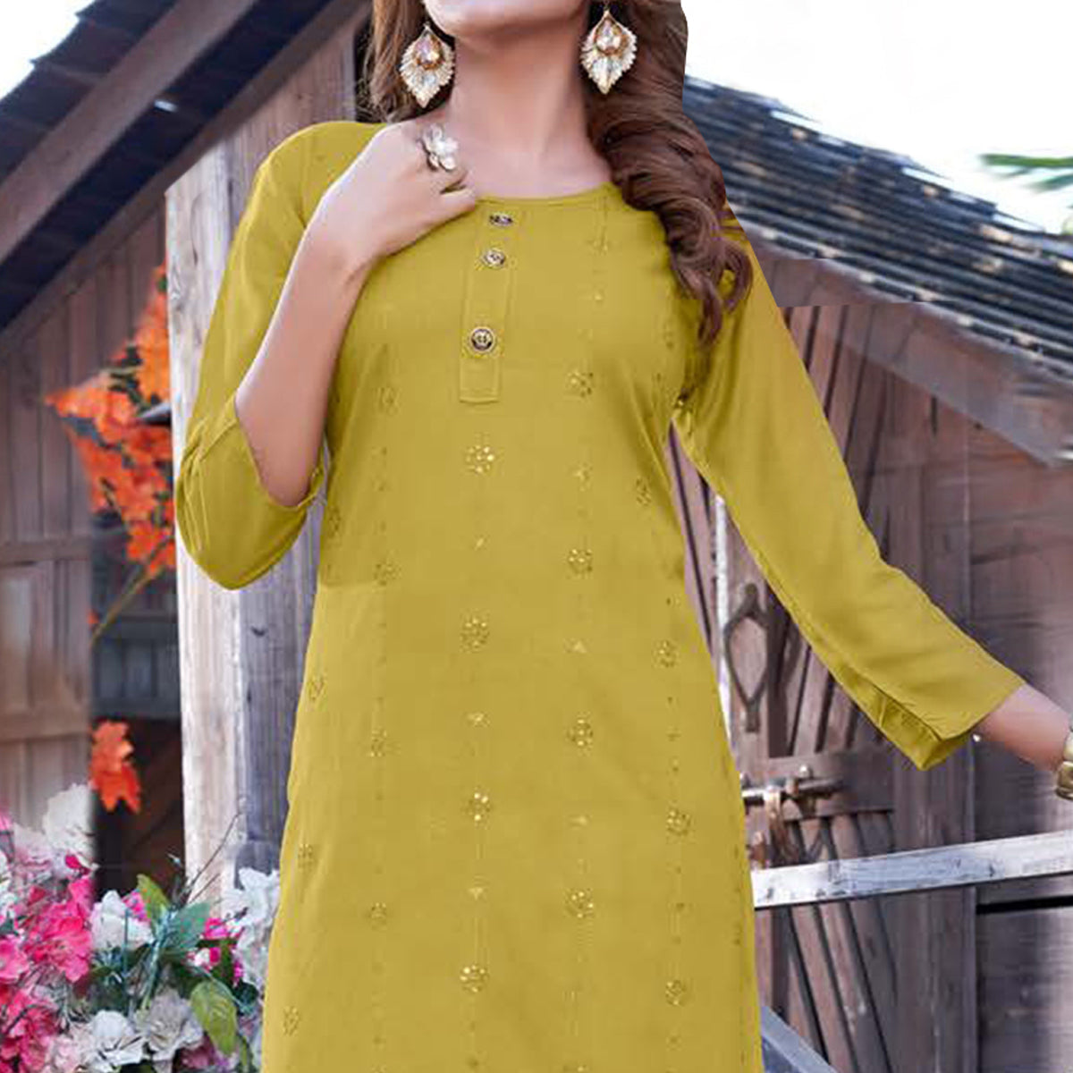 Green Sequins Embroidered Rayon Kurti