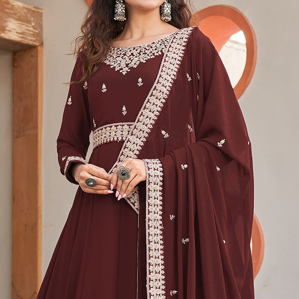 Coffee Brown Sequins Embroidered Georgette Anarkali Suit