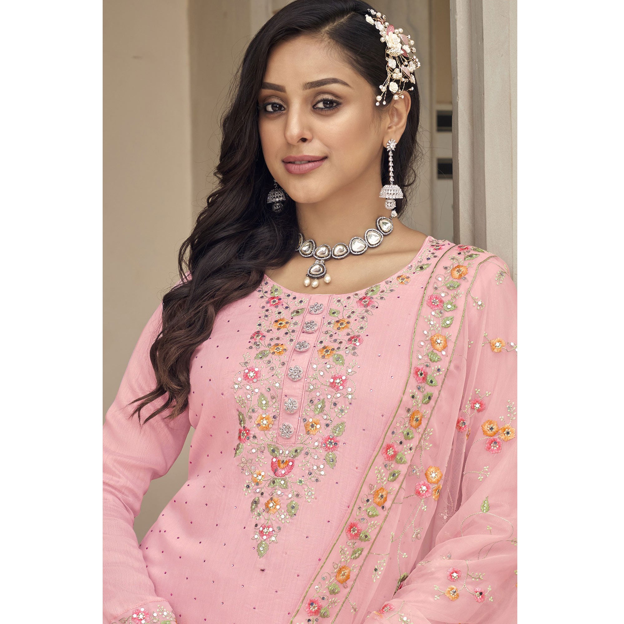 Pink Floral Embroidered Georgette Salwar Suit