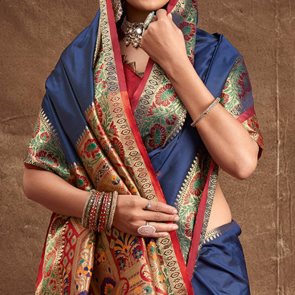 Navy Blue Woven Banarasi Silk Saree With Tassels