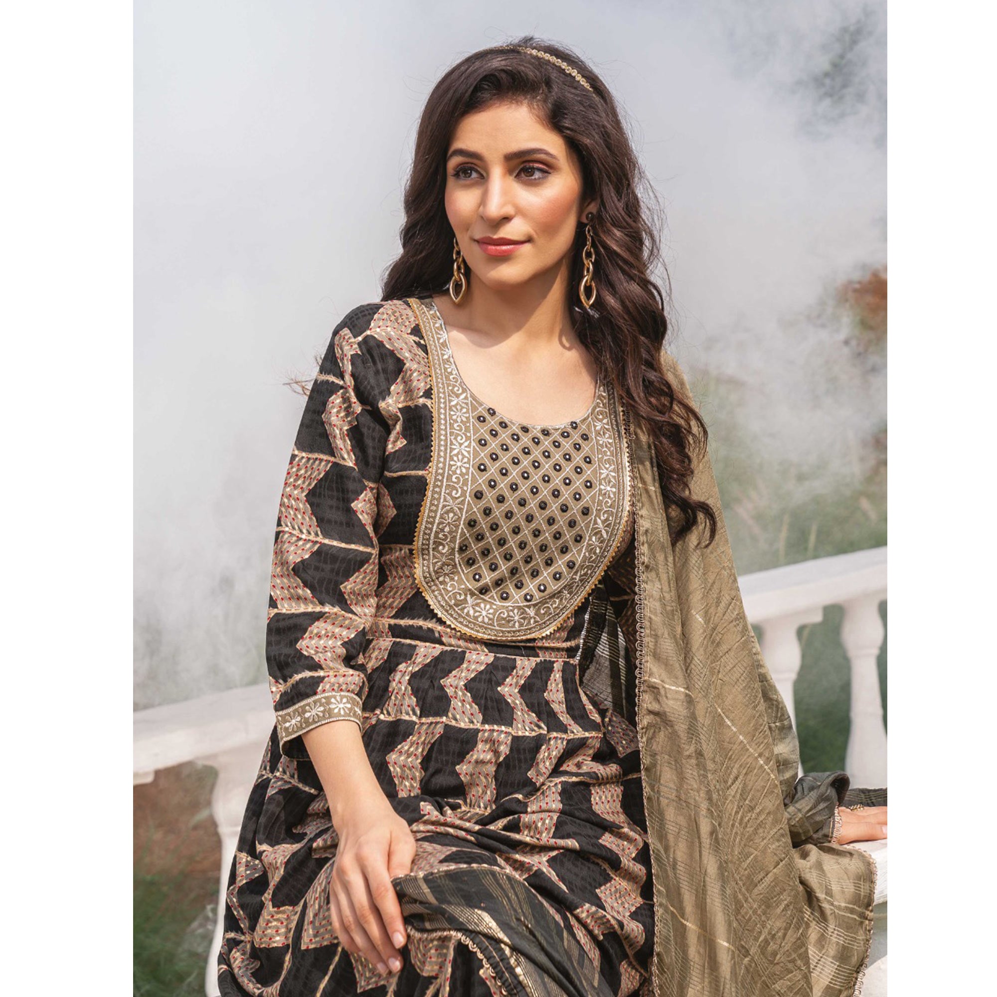 Black Foil Printed Rayon Naira Cut Suit