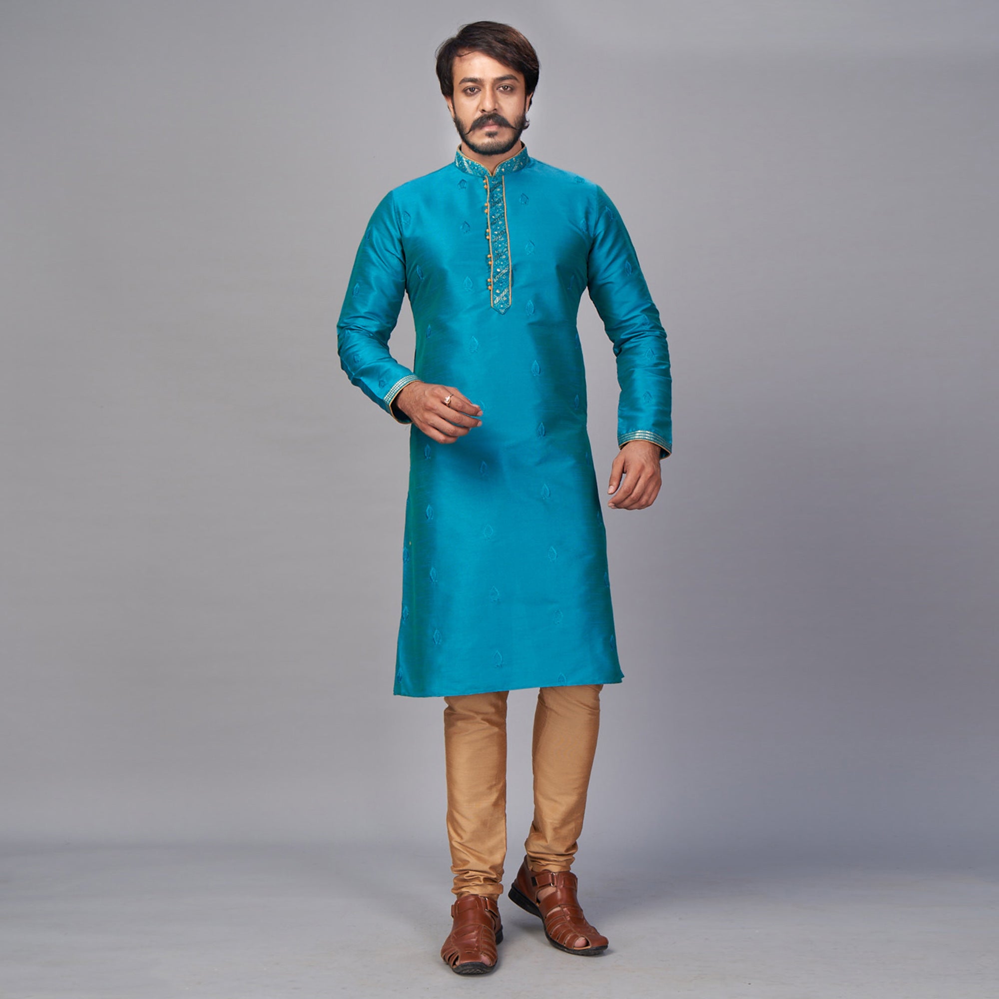 Blue Embroidered Jacquard Kurta Pyjama Set