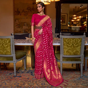 Rose Pink Woven Khadi Silk Saree With Tassels