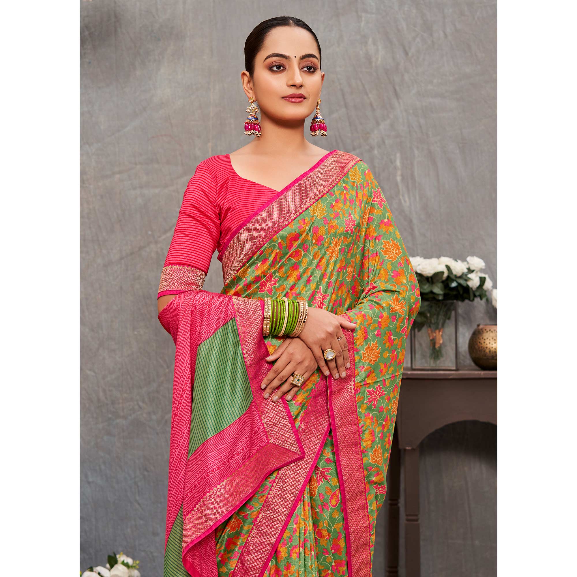 Green Floral Printed Tussar Silk Saree