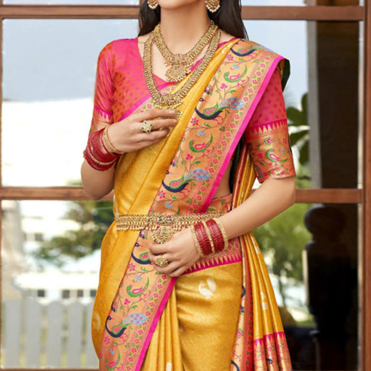 Mustard Woven Kanjivaram Silk Paithani Saree With Tassels